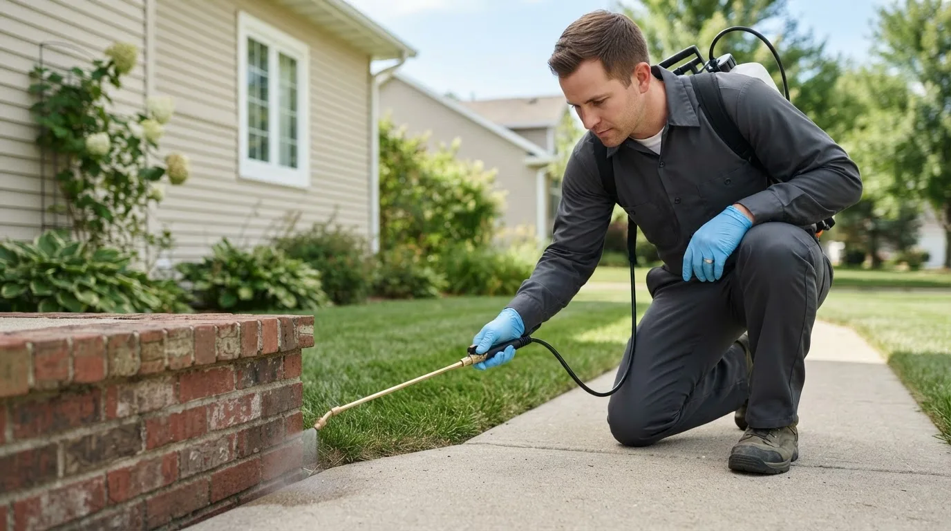 Pest control technician treating a home near Hay Springs, NE